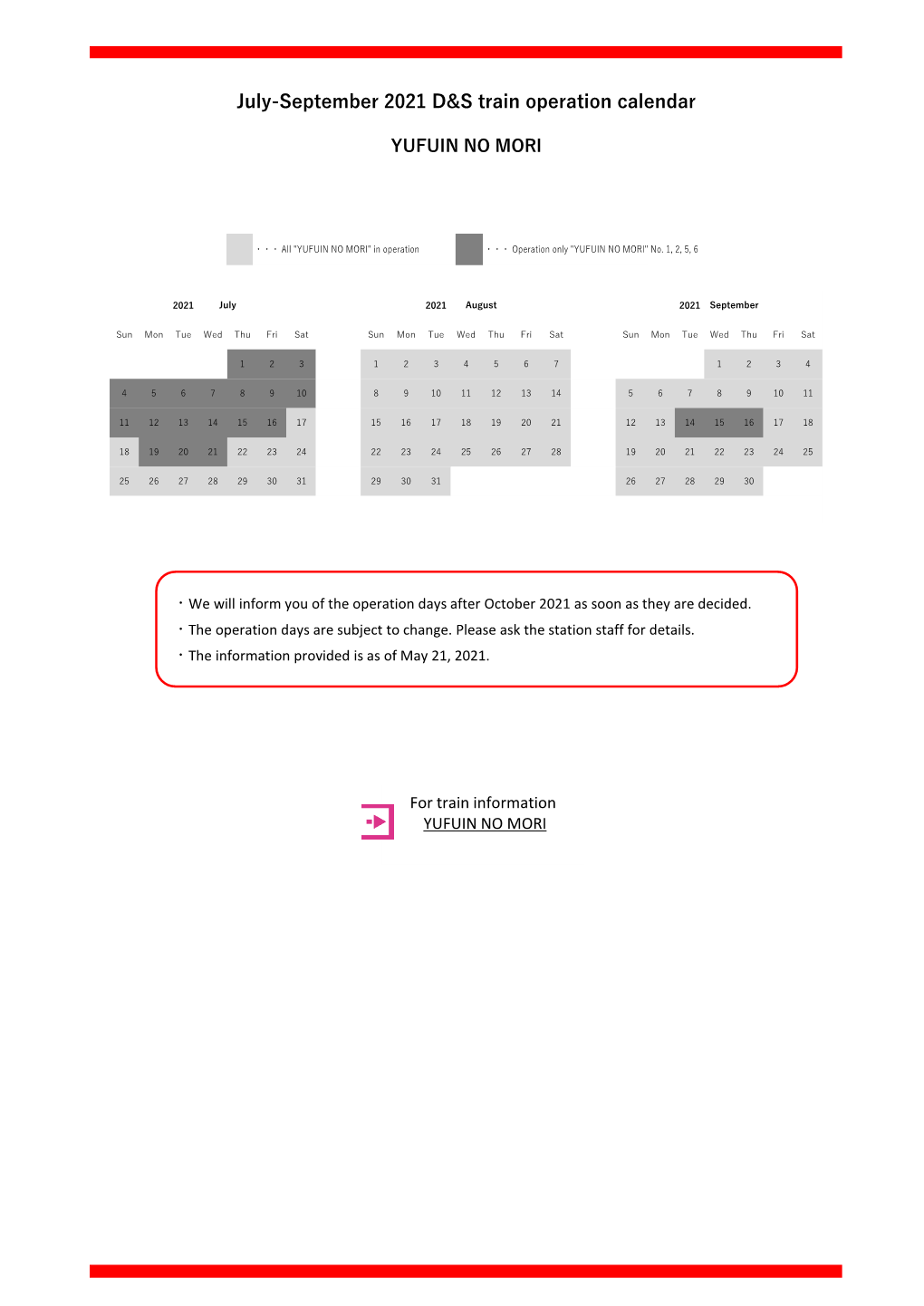 July-September 2021 D&S Train Operation Calendar