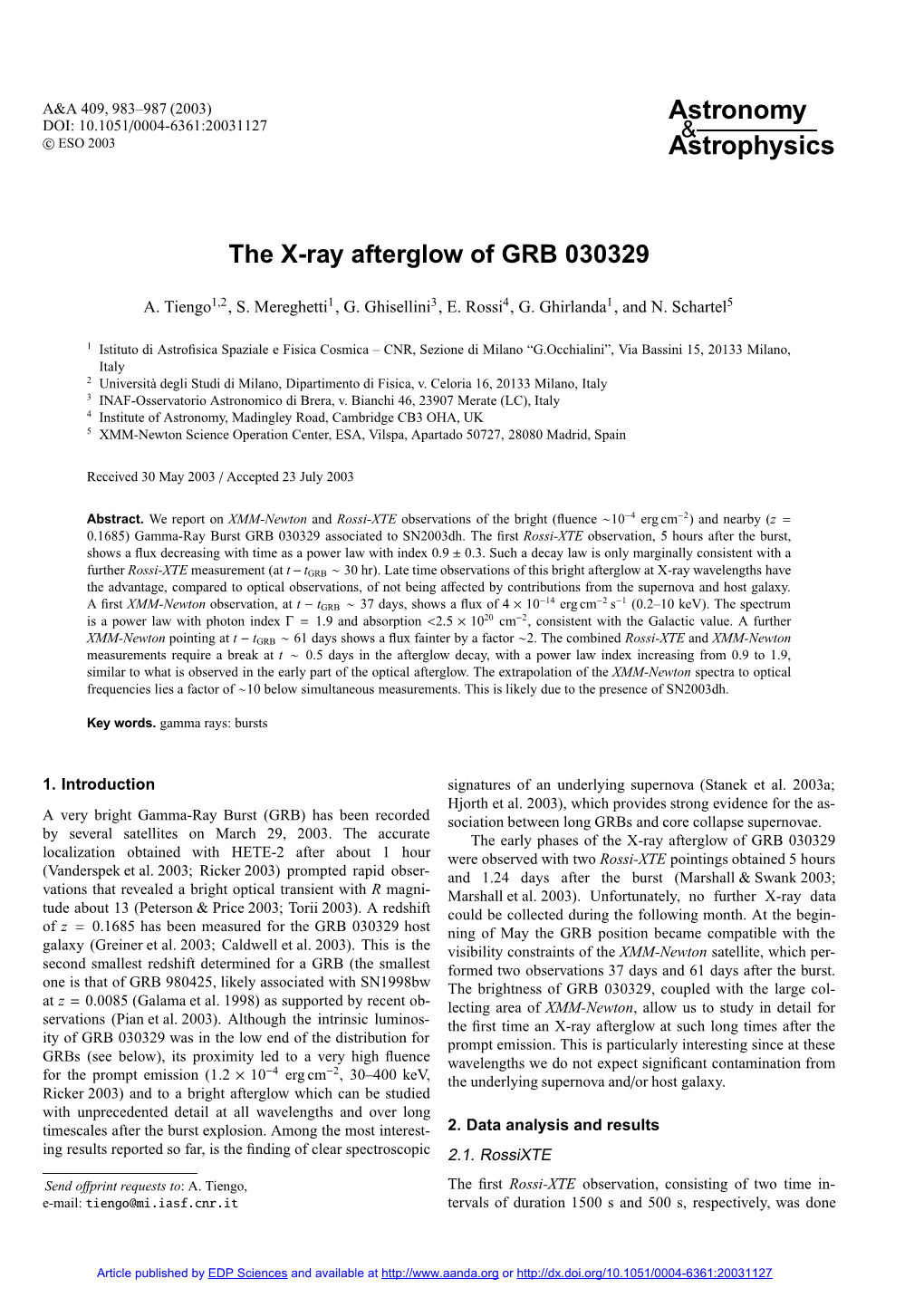 The X-Ray Afterglow of GRB 030329