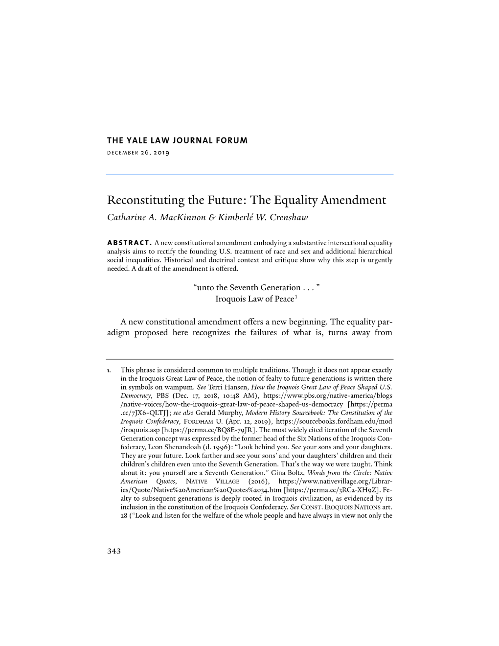 Reconstituting the Future: the Equality Amendment Catharine A
