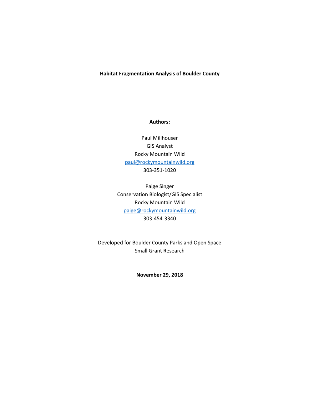 Habitat Fragmentation Analysis of Boulder County