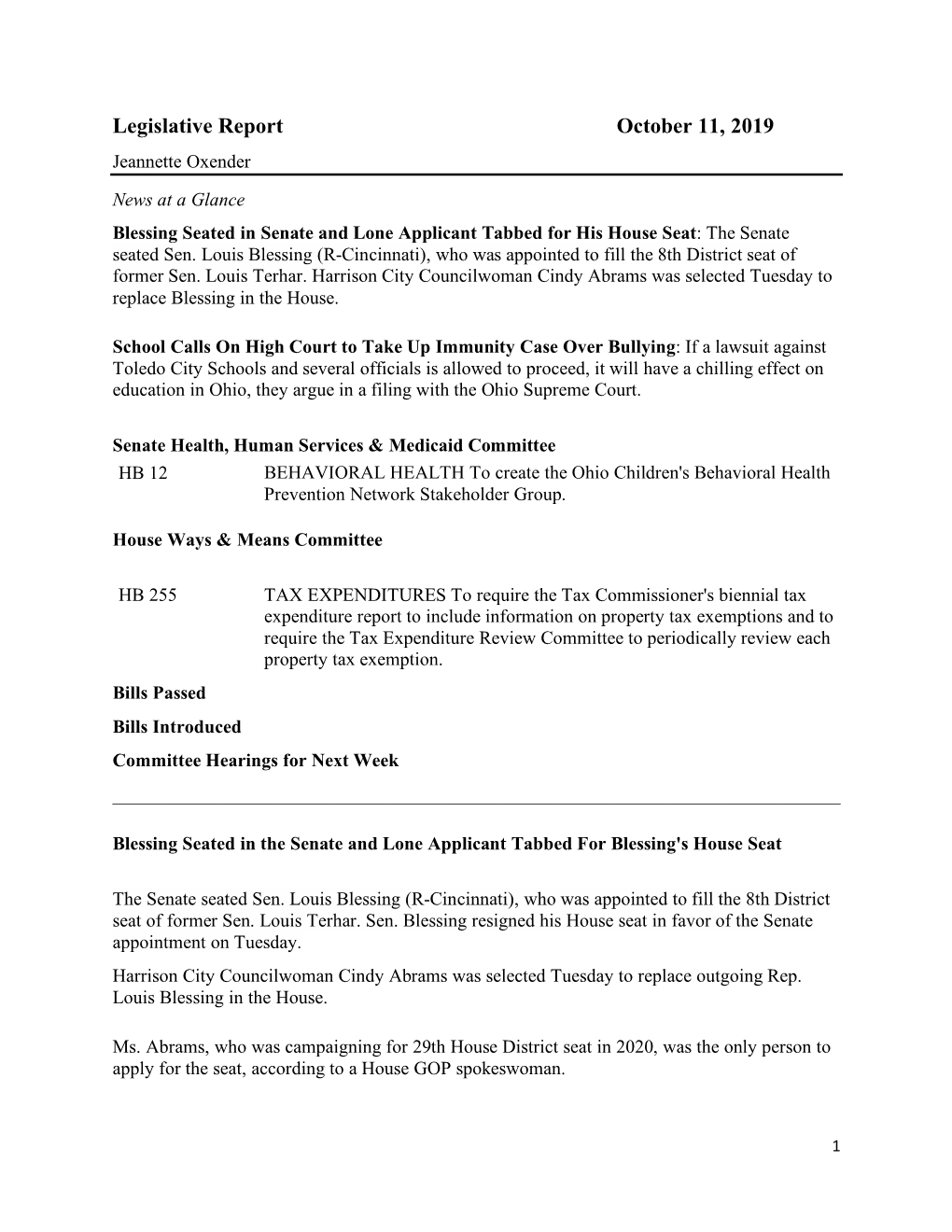 Legislative Report October 11, 2019 Jeannette Oxender