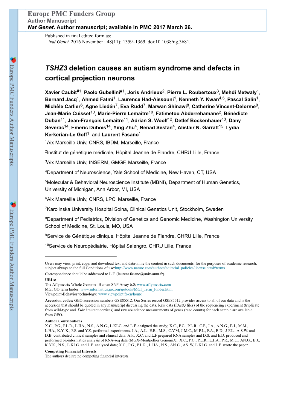 TSHZ3 Deletion Causes an Autism Syndrome and Defects in Cortical Projection Neurons