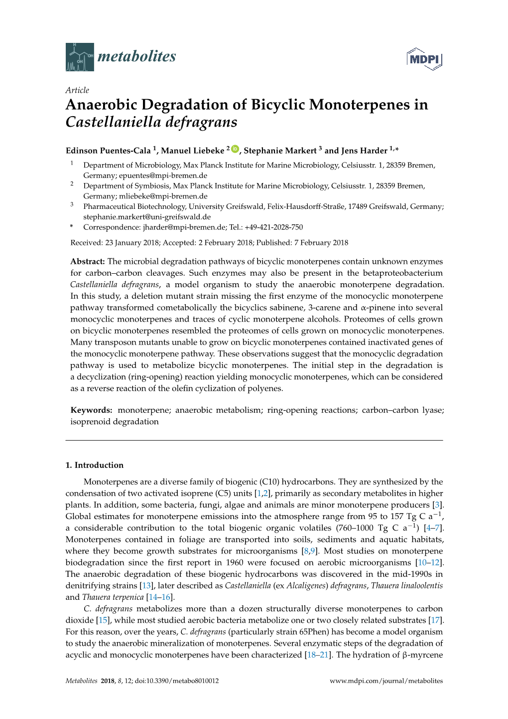 Anaerobic Degradation of Bicyclic Monoterpenes in Castellaniella Defragrans