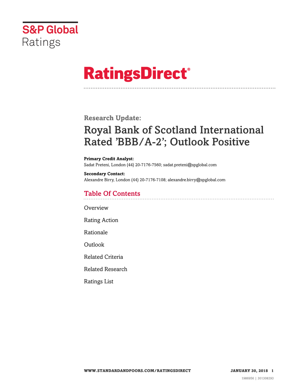 Royal Bank of Scotland International Rated 'BBB/A-2'; Outlook Positive