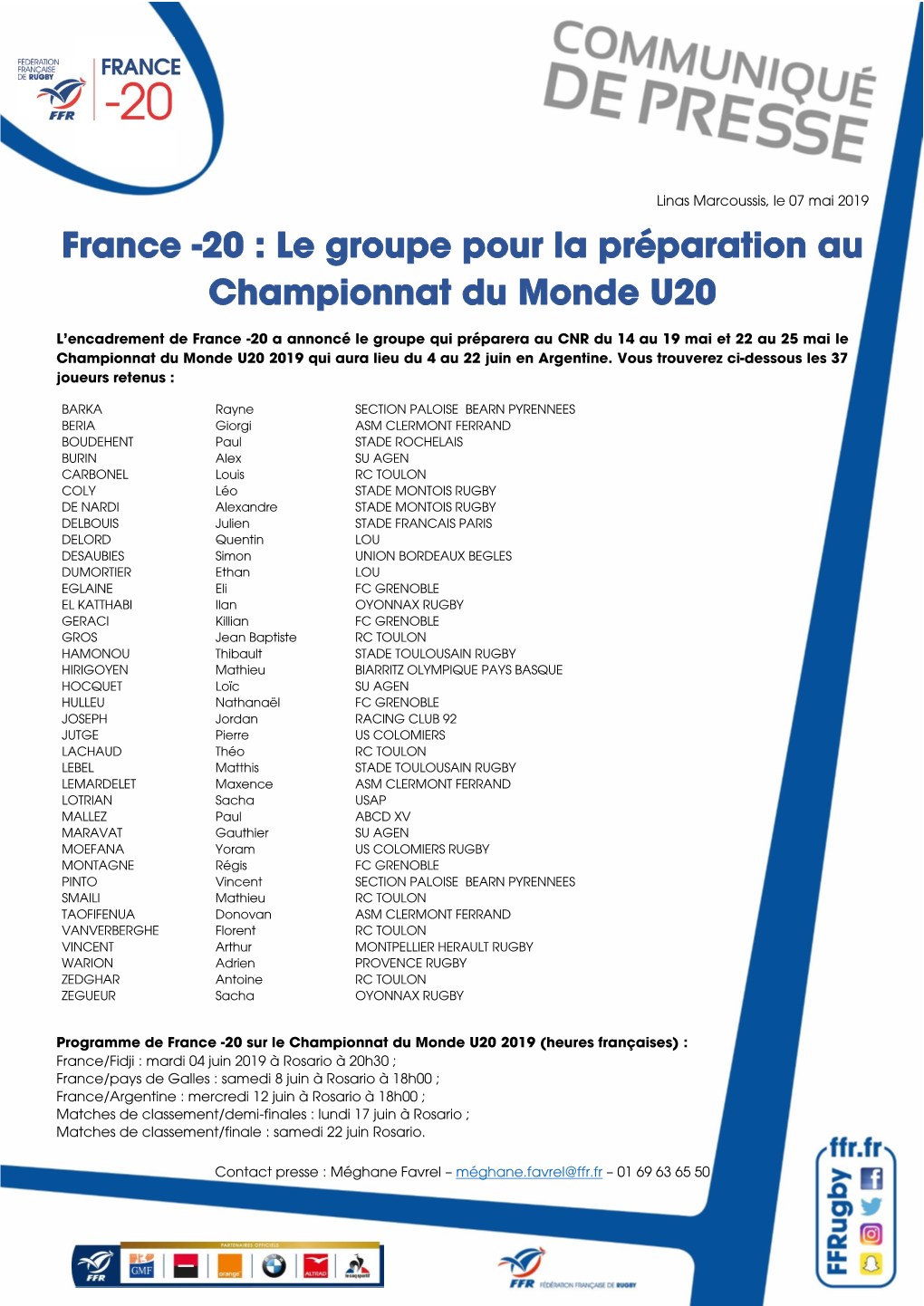 France -20 : Le Groupe Pour La Préparation Au Championnat Du Monde U20