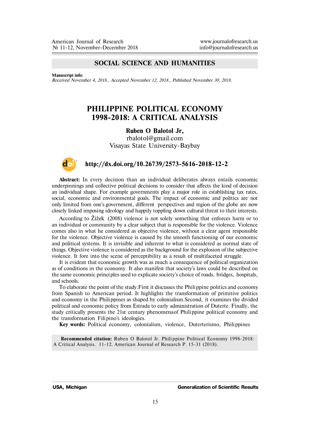 Philippine Political Economy 1998-2018: a Critical Analysis