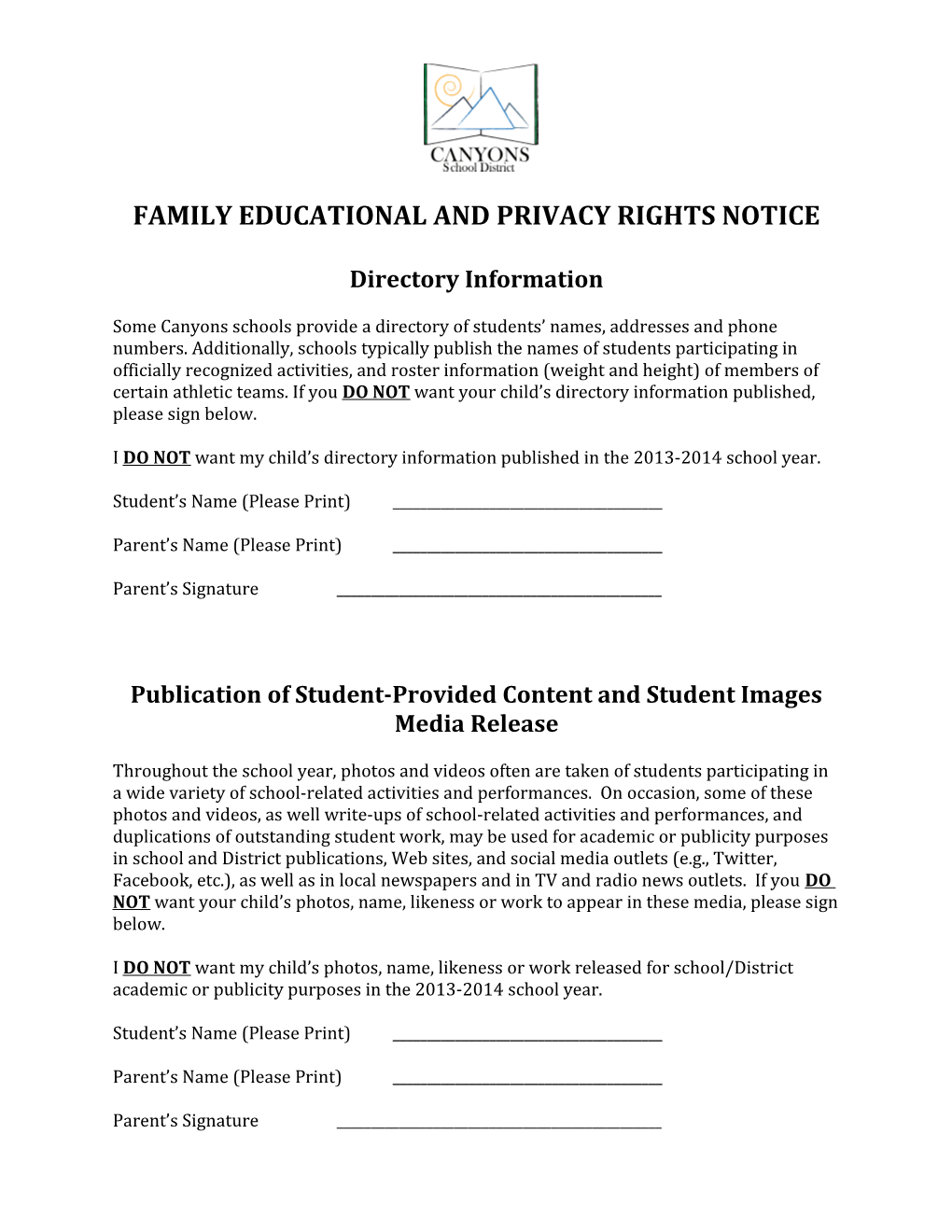 Family Educational and Privacy Rights Notice