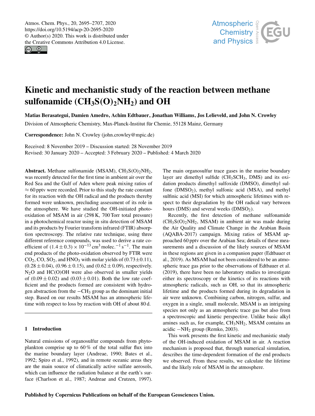 Kinetic and Mechanistic Study of the Reaction Between Methane Sulfonamide (CH3S(O)2NH2) and OH