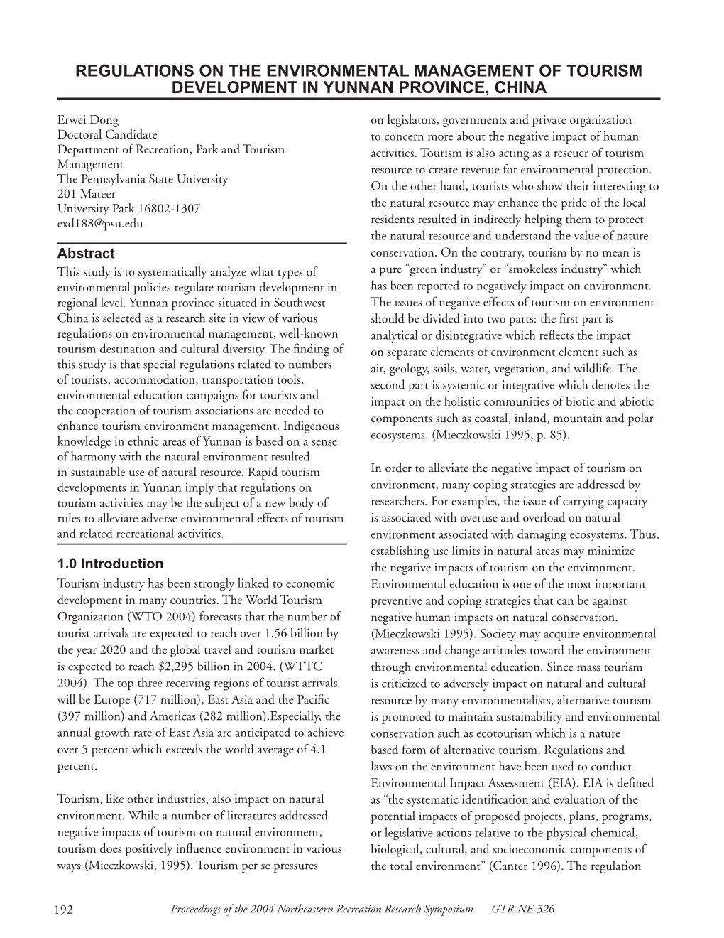 Regulations on the Environmental Management of Tourism Development in Yunnan Province, China