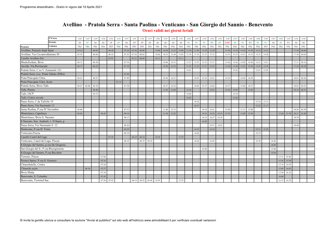 Avellino - Pratola Serra - Santa Paolina - Venticano - San Giorgio Del Sannio - Benevento Orari Validi Nei Giorni Feriali