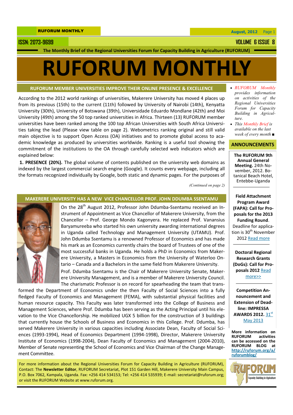 RUFORUM Monthly Newsletter August, 2012.Pdf