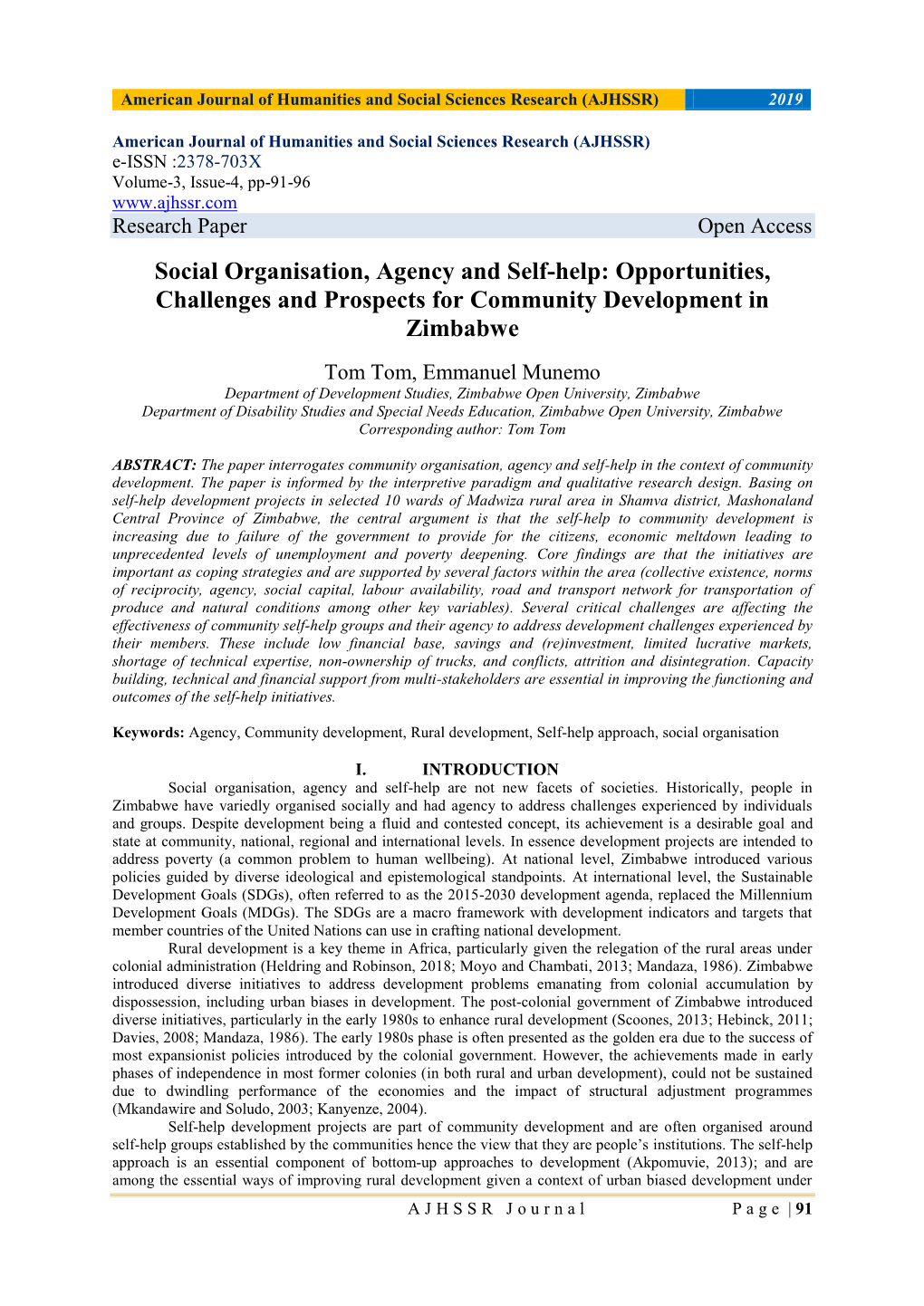 Social Organisation, Agency and Self-Help: Opportunities, Challenges and Prospects for Community Development in Zimbabwe