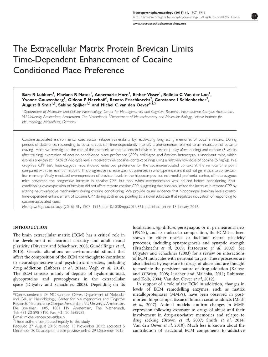 The Extracellular Matrix Protein Brevican Limits Time-Dependent Enhancement of Cocaine Conditioned Place Preference