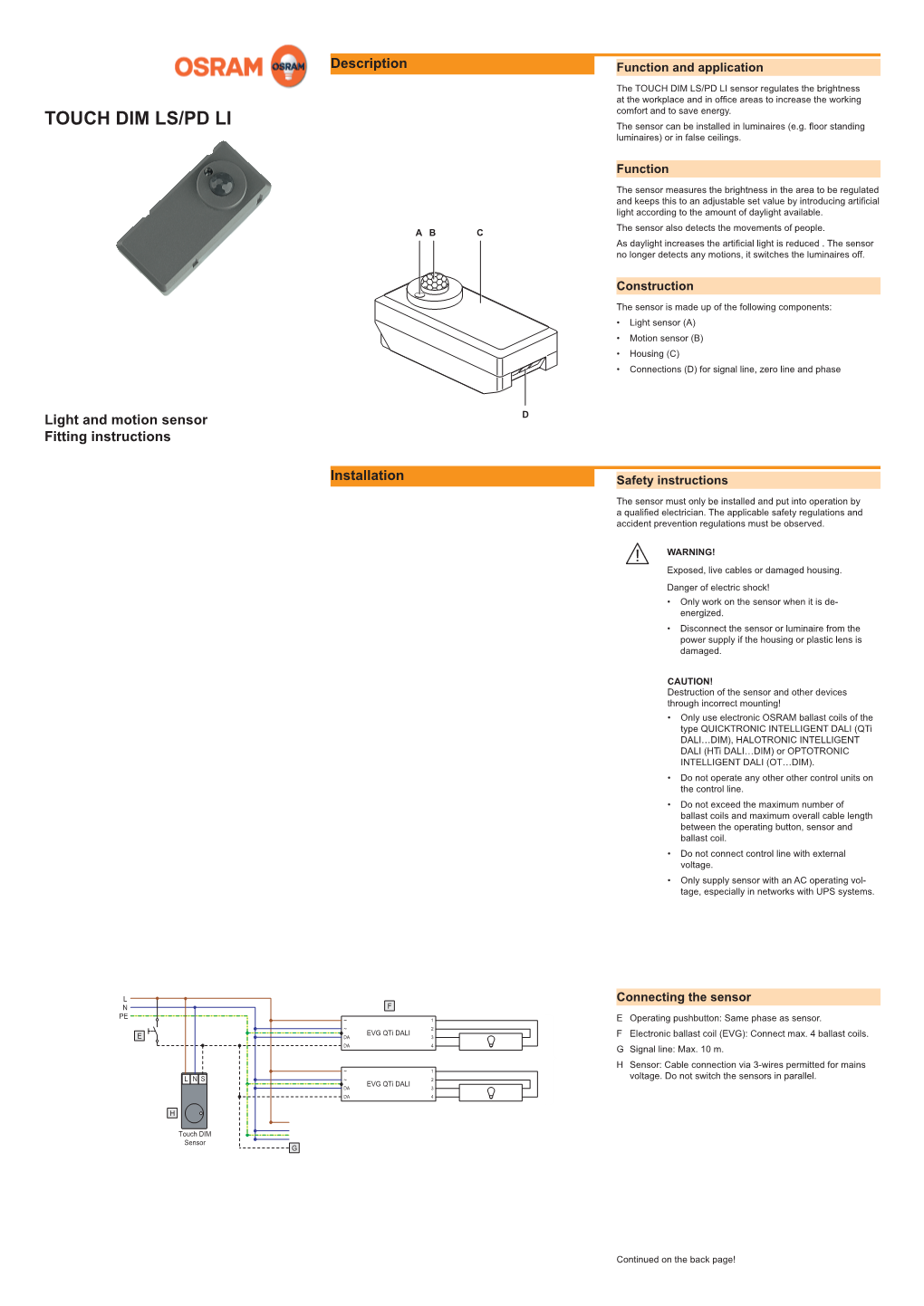 Mounting Instructions OSRAM Sensor Touch DIM LS/PD LI Light And