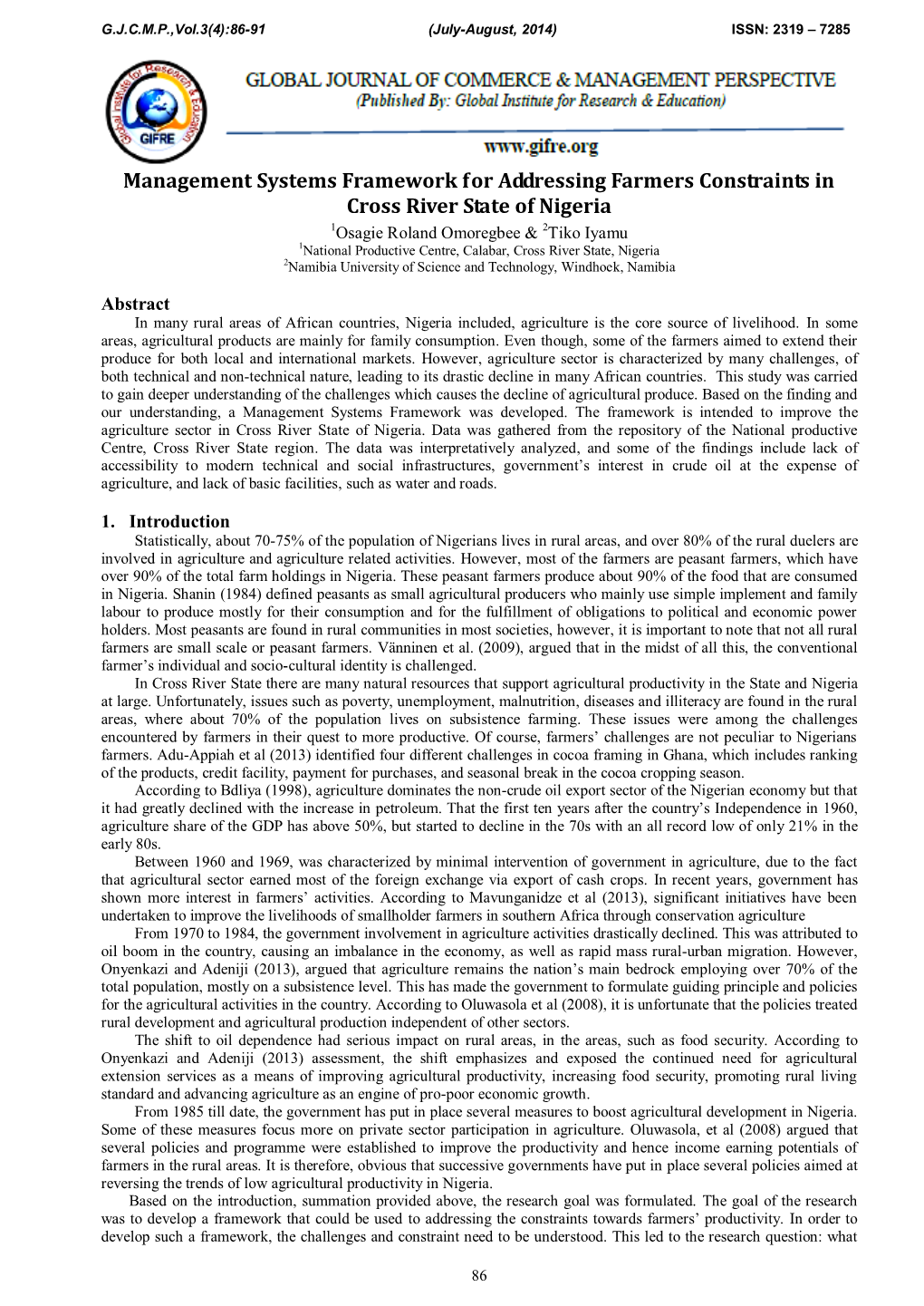 Management Systems Framework for Addressing Farmers Constraints In