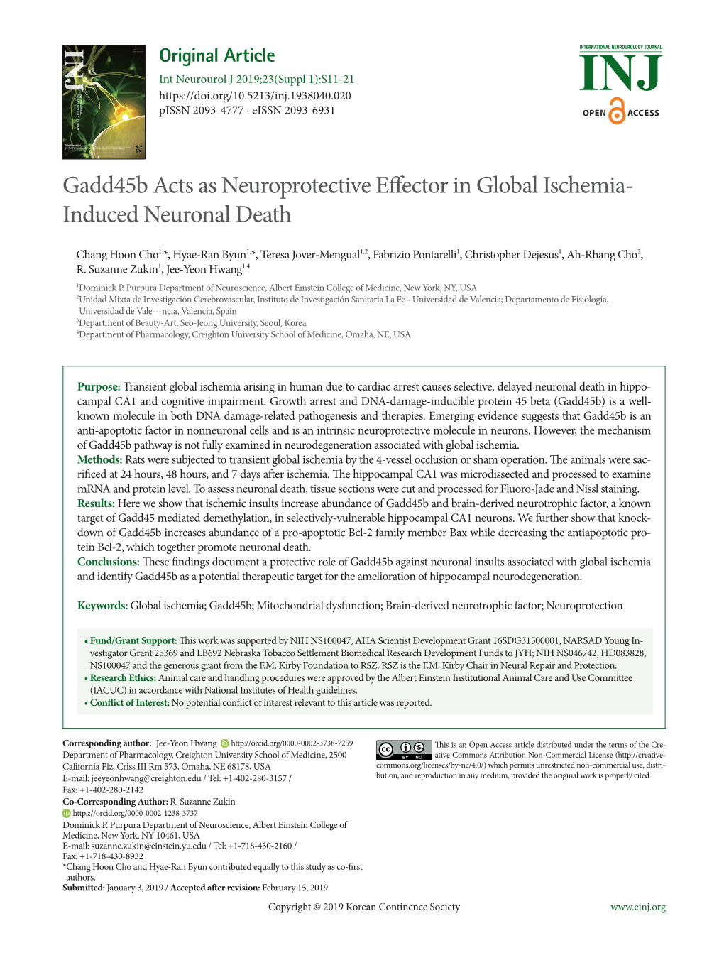 Gadd45b Acts As Neuroprotective Effector in Global Ischemia- Induced Neuronal Death