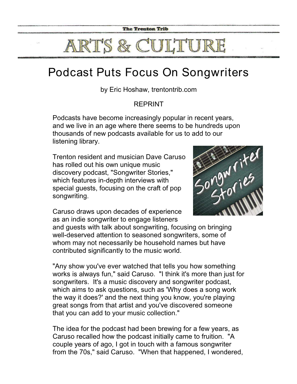 Podcast Puts Focus on Songwriters by Eric Hoshaw, Trentontrib.Com