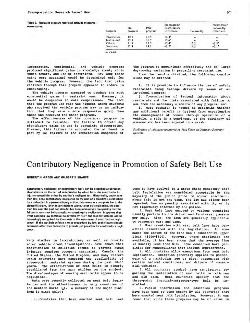 Contributory Negligence in Promotion of Safety Belt Use