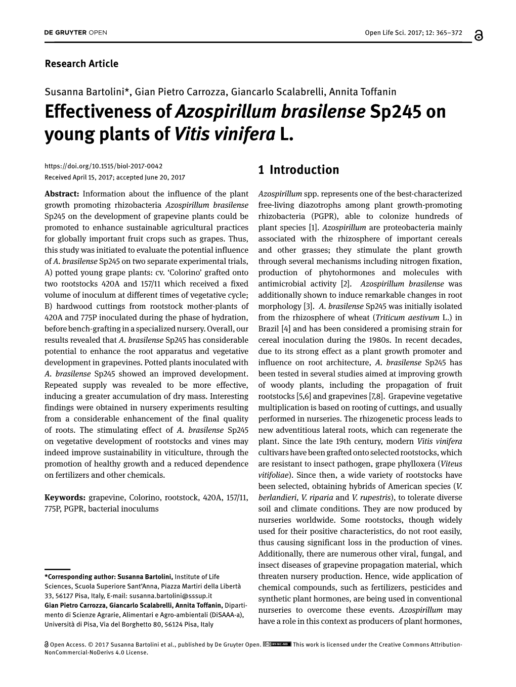 Effectiveness of Azospirillum Brasilense Sp245 on Young Plants of Vitis Vinifera L