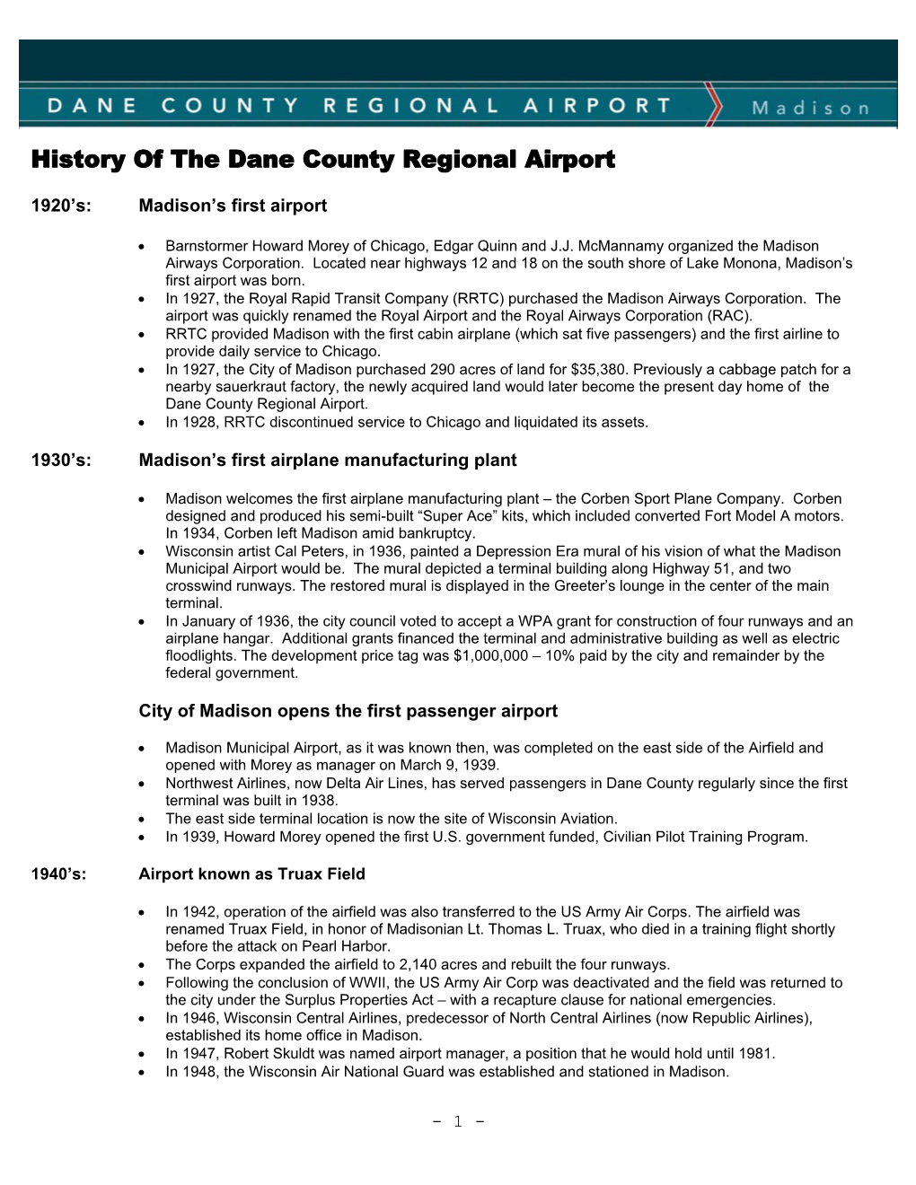 History of the Dane County Regional Airport