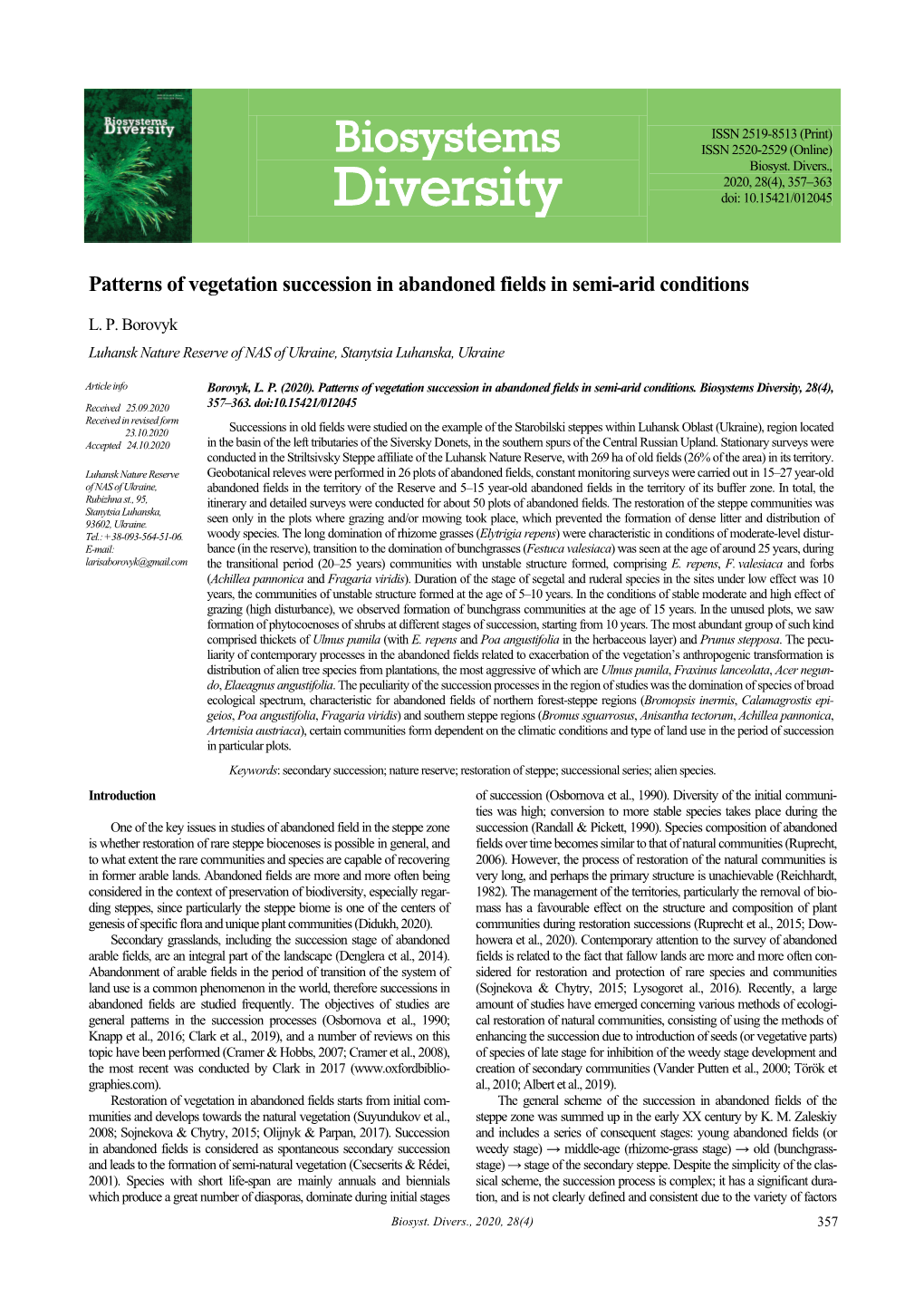 Biosystems Diversity, 28(4), Received 25.09.2020 357–363