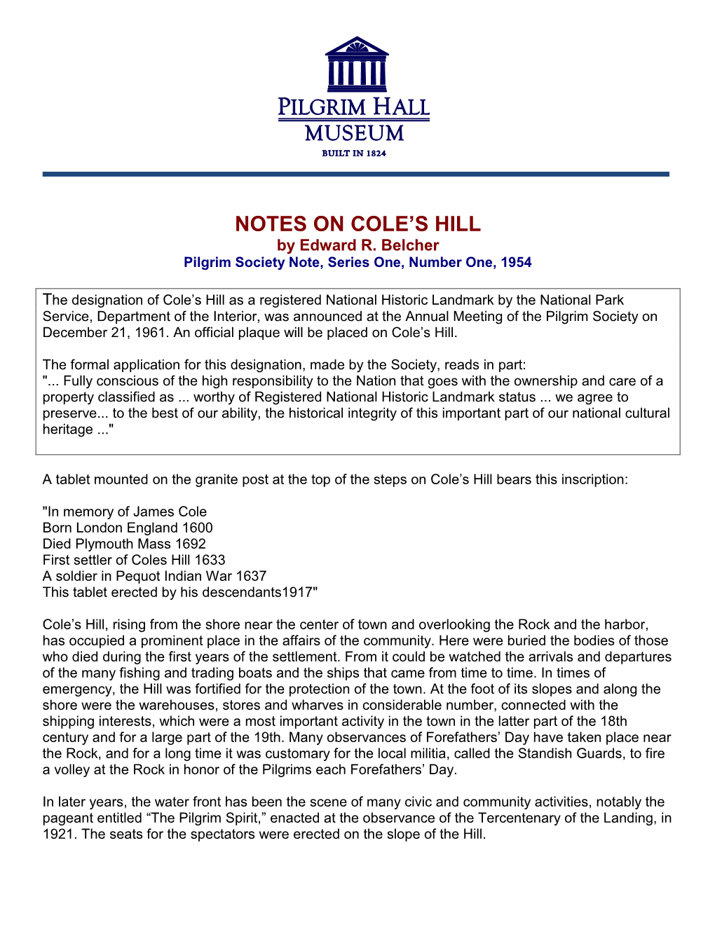 Notes on Cole's Hill