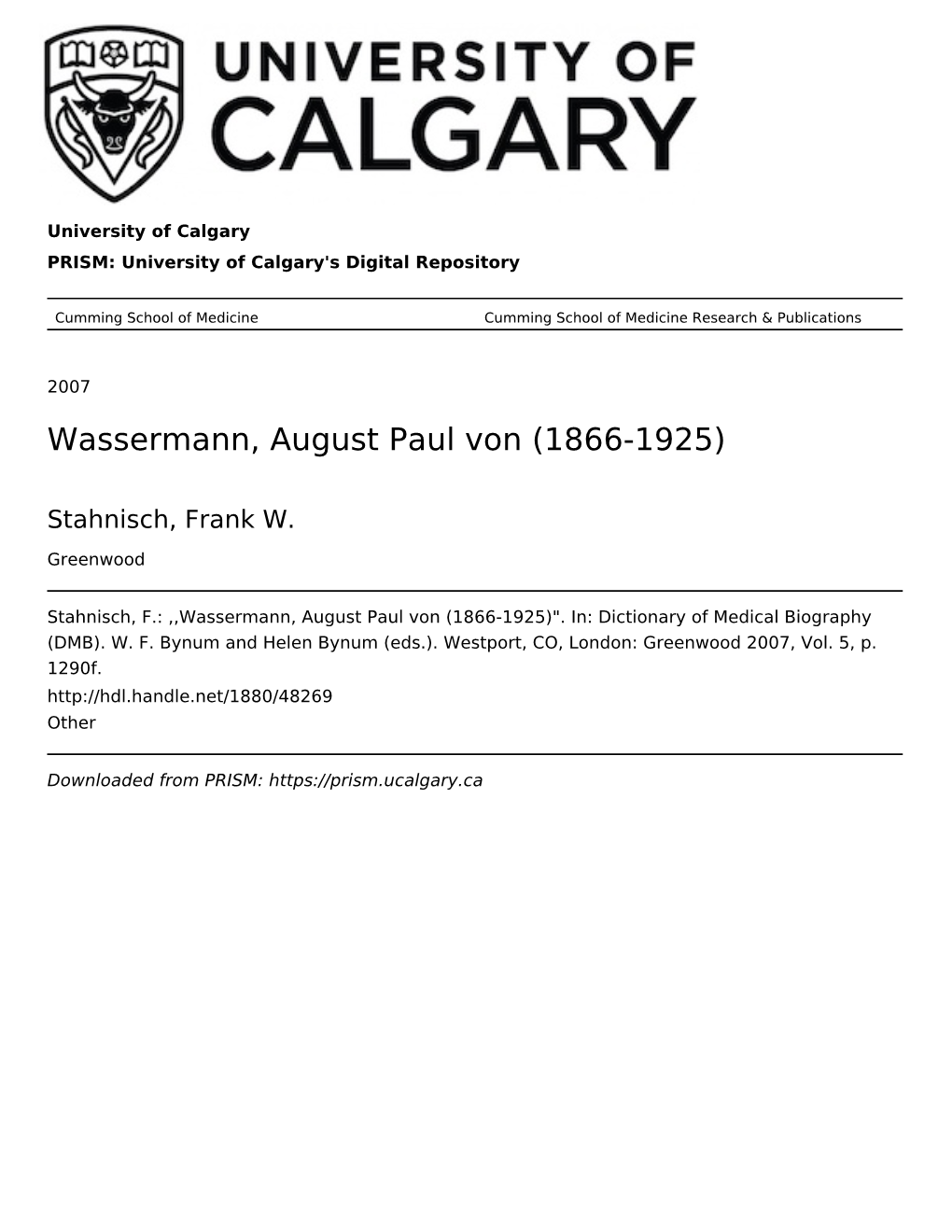 Wassermann, August Paul Von (1866-1925)