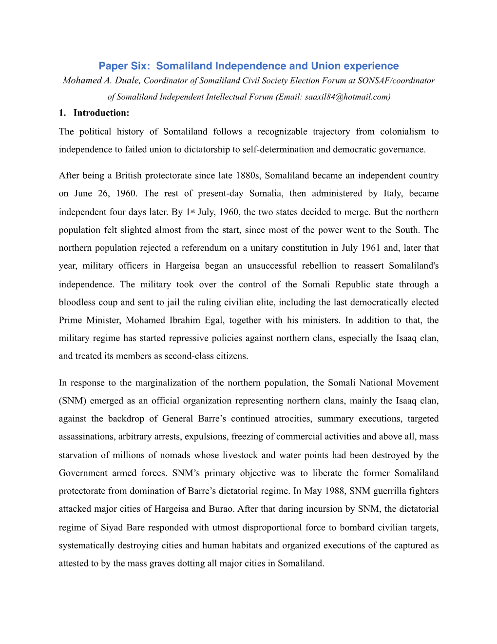 Paper Six- Somaliland Independence and Union Experience