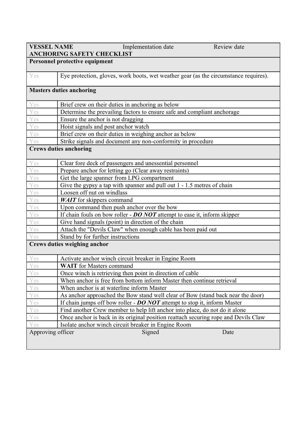 Generic Table Format Implementation Date Review Date