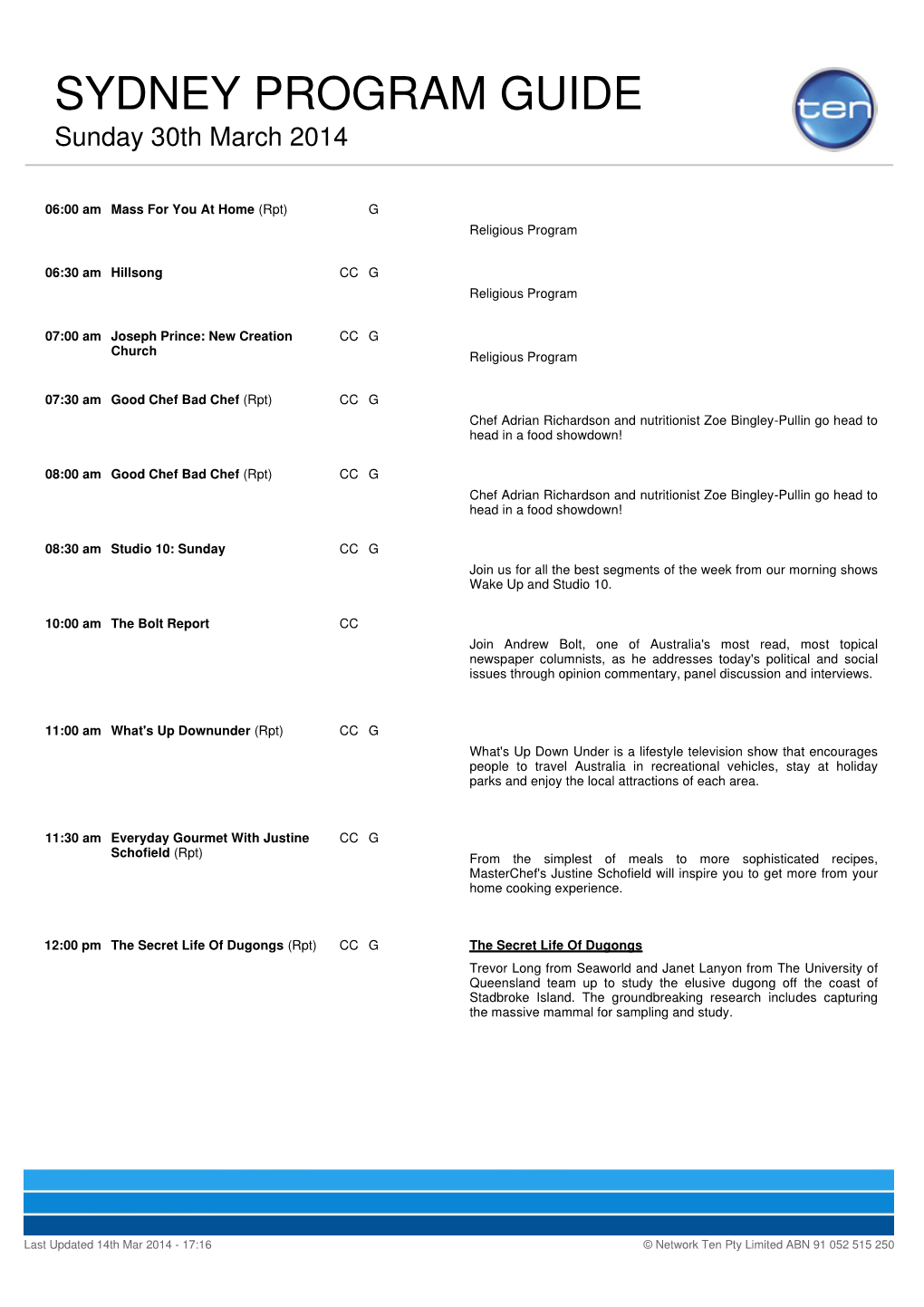 SYDNEY PROGRAM GUIDE Sunday 30Th March 2014