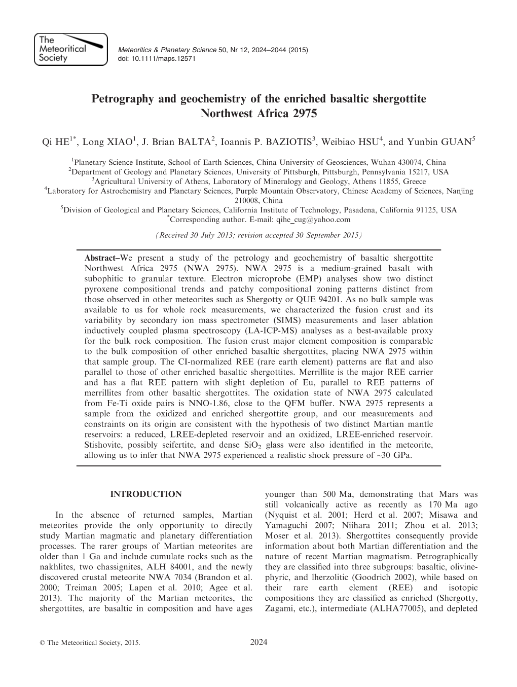 Petrography and Geochemistry of the Enriched Basaltic Shergottite Northwest Africa 2975