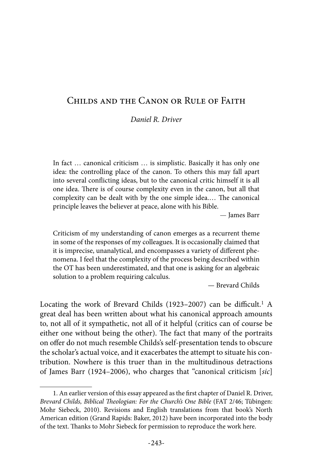 Childs and the Canon Or Rule of Faith