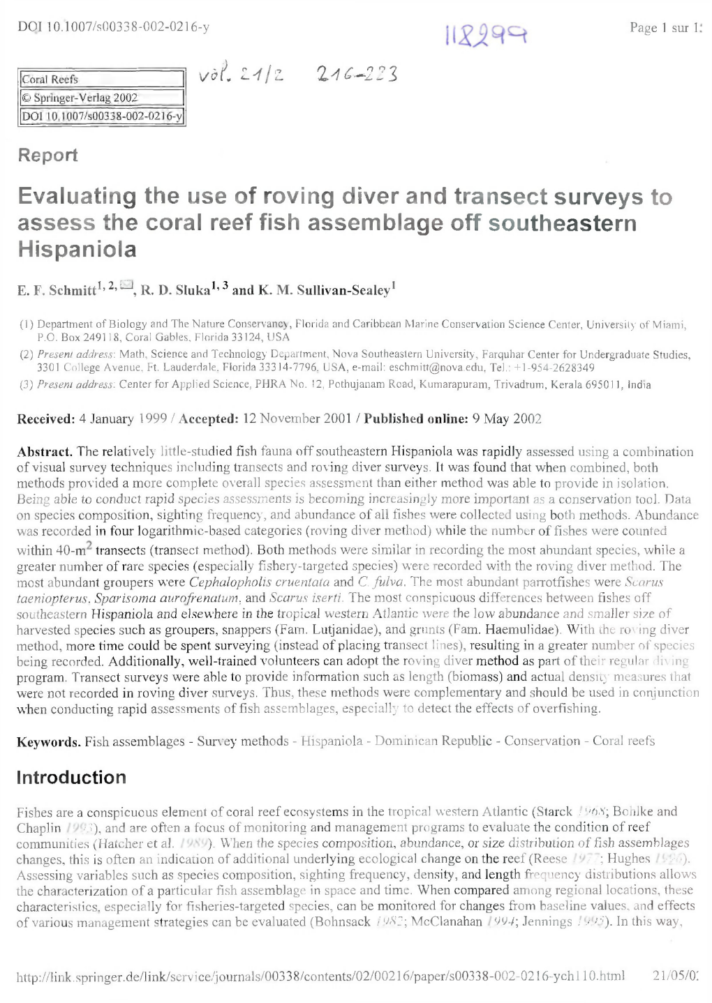 Evaluating the Use of Roving Diver and Transect Surveys to Assess the Coral Reef Fish Assemblage Off Southeastern Hispaniola