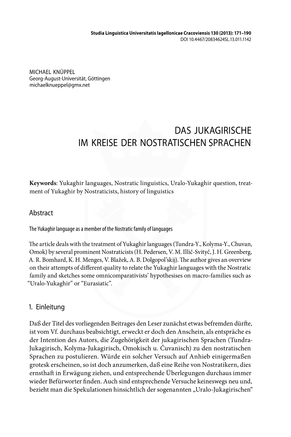 Das Jukagirische Im Kreise Der Nostratischen Sprachen