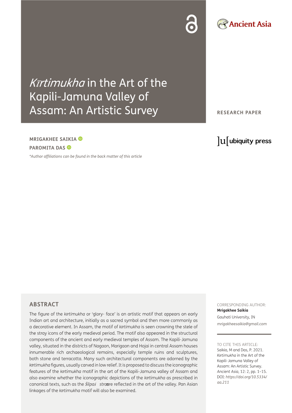 Kīrtimukha in the Art of the Kapili-Jamuna Valley of Assam: An
