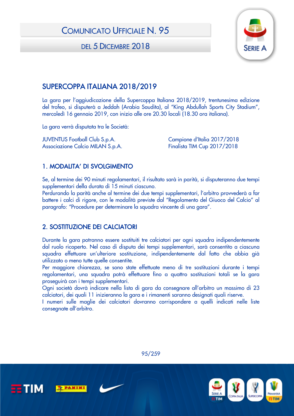 Comunicato Ufficiale N. 95 Supercoppa Italiana 2018/2019