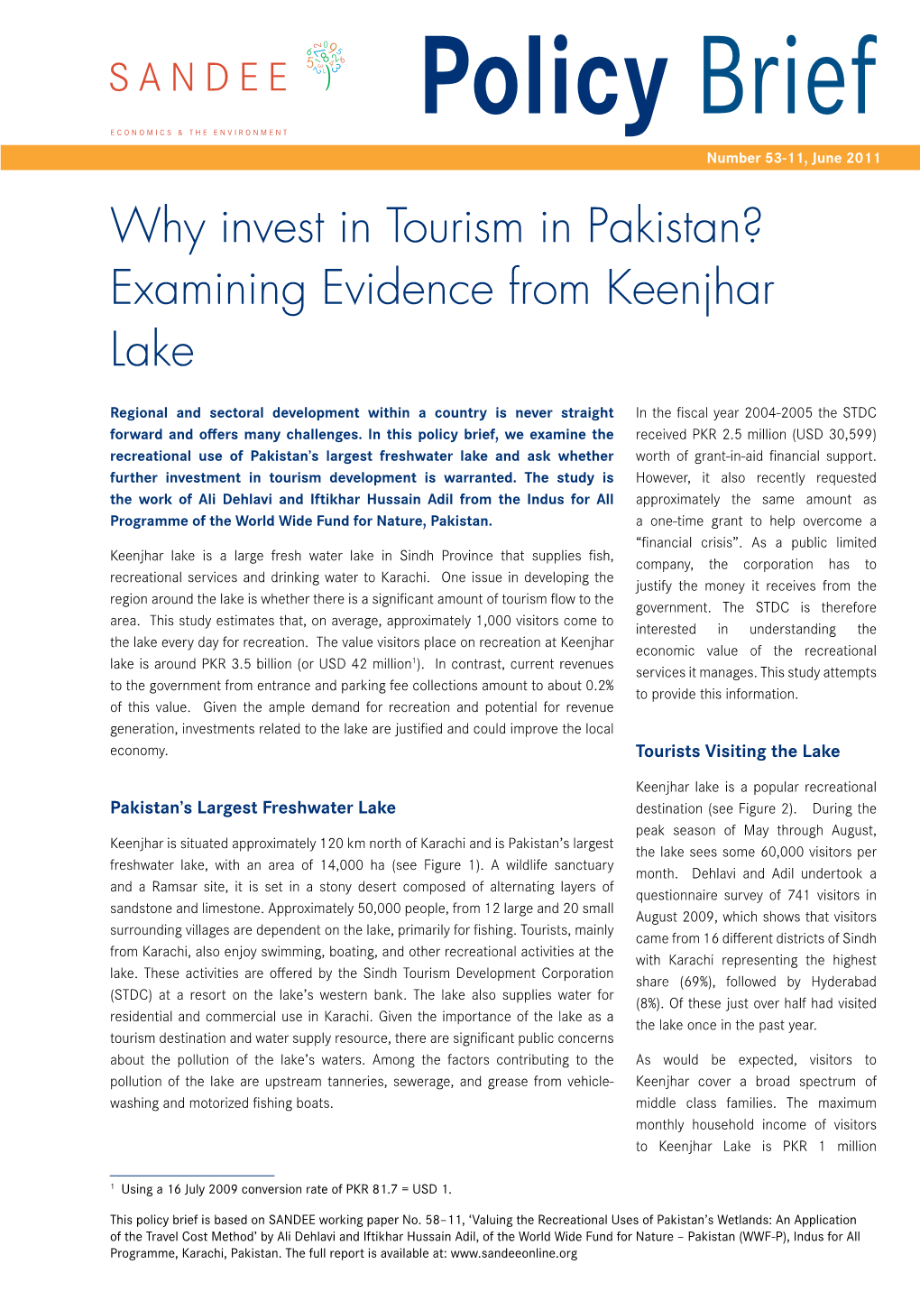 Why Invest in Tourism in Pakistan? Examining Evidence from Keenjhar Lake