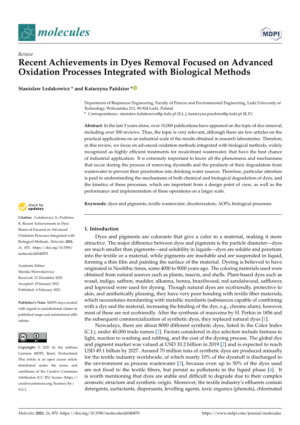 Recent Achievements in Dyes Removal Focused on Advanced Oxidation Processes Integrated with Biological Methods