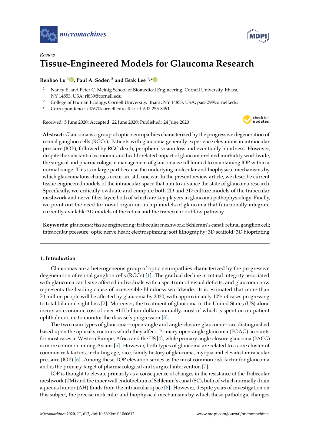 Tissue-Engineered Models for Glaucoma Research