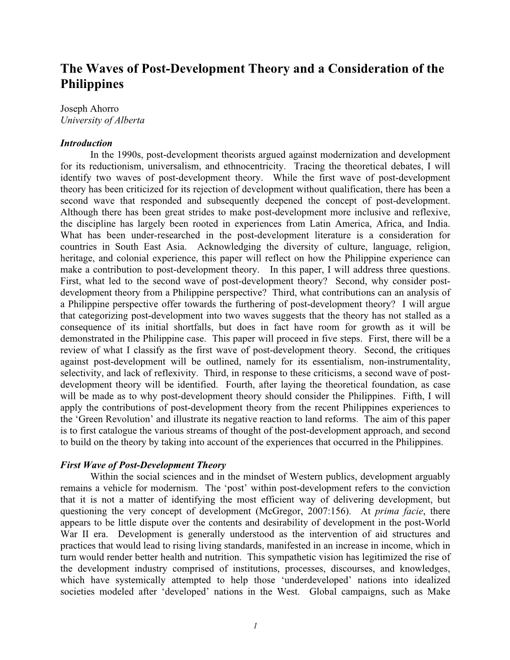 The Waves of Post-Development Theory and a Consideration of the Philippines