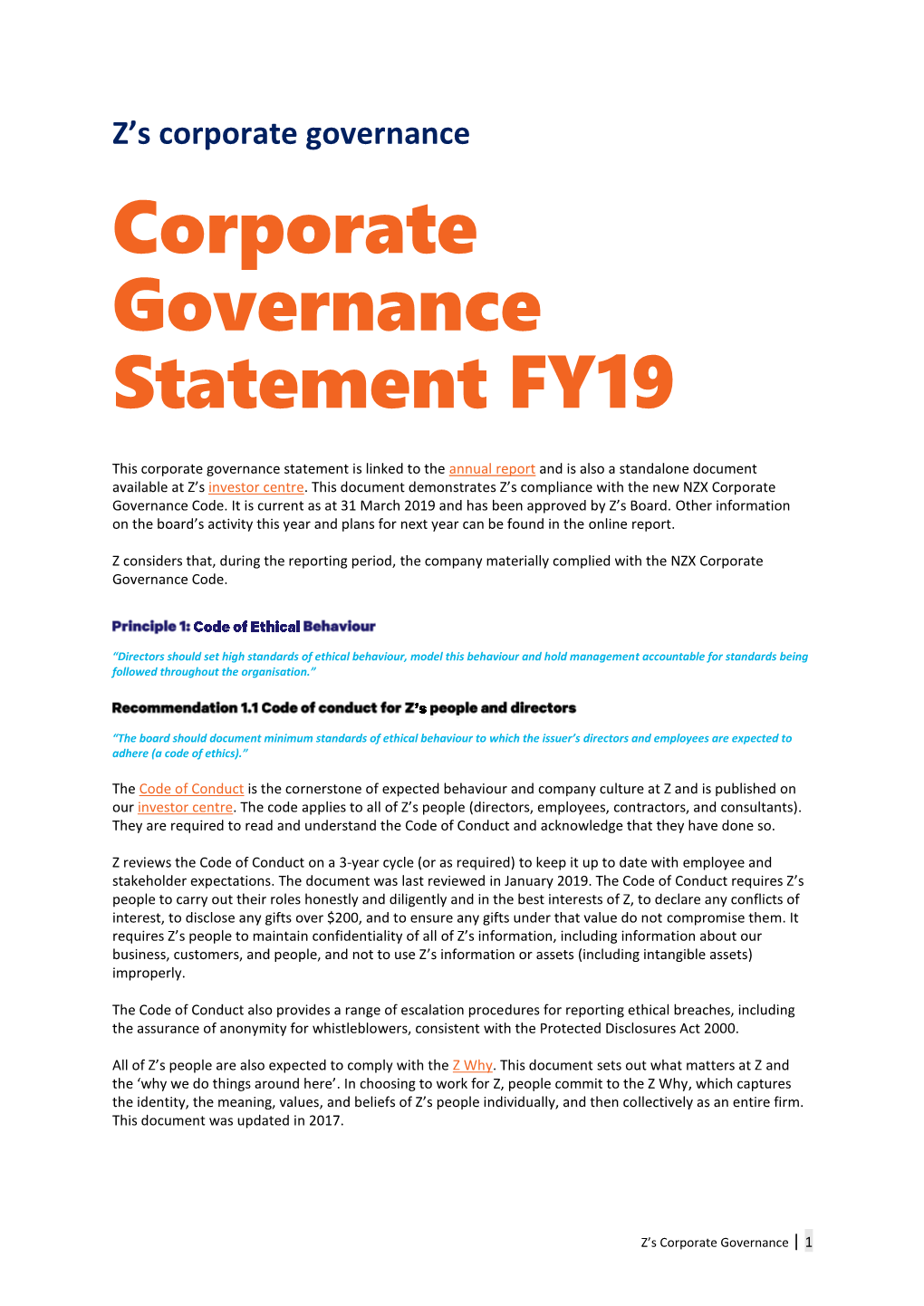 Corporate Governance Statement FY19