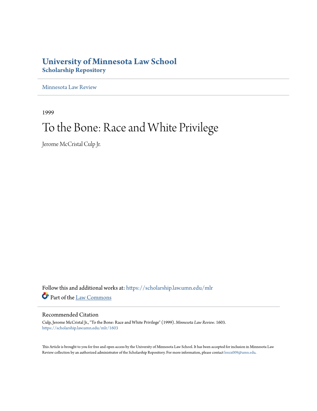 Race and White Privilege Jerome Mccristal Culp Jr