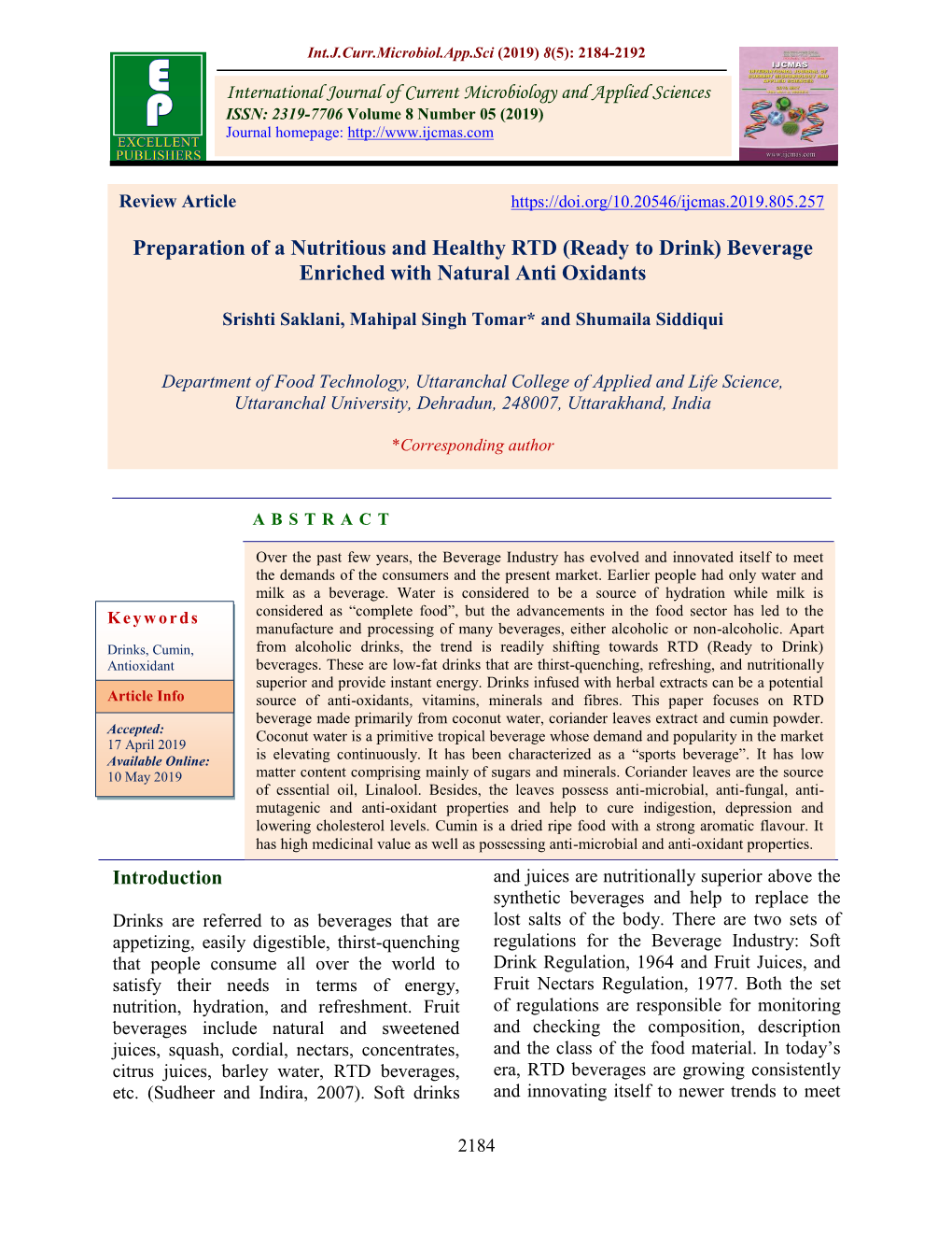 Preparation of a Nutritious and Healthy RTD (Ready to Drink) Beverage Enriched with Natural Anti Oxidants