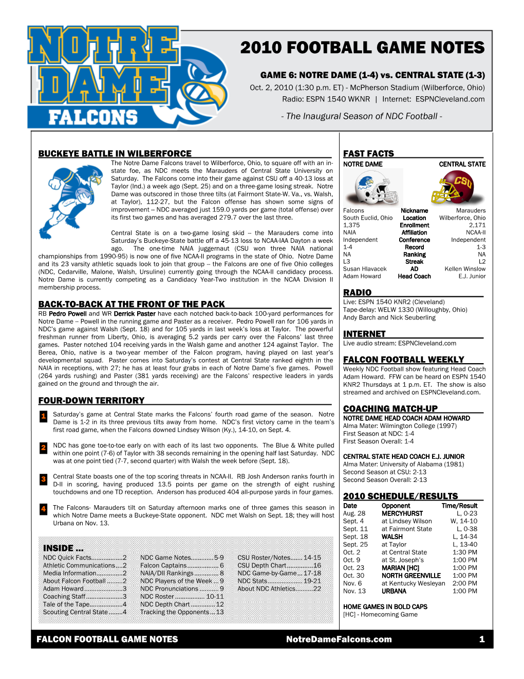 2010 Football Game Notes