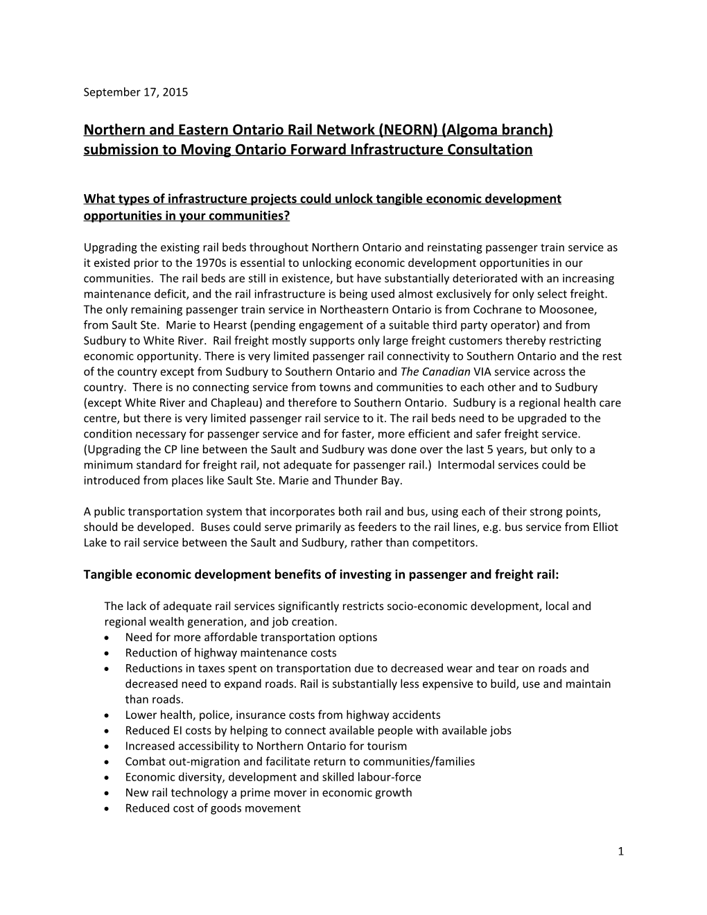 Northern and Eastern Ontario Rail Network (NEORN) (Algoma Branch) Submission to Moving Ontario Forward Infrastructure Consultation