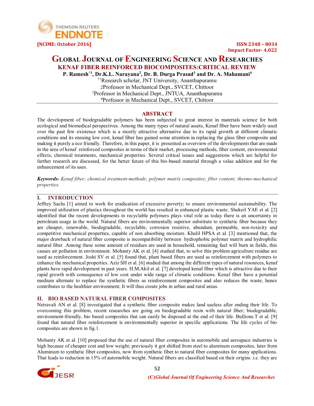 Global Journal of Engineering Science and Researches Kenaf Fiber Reinforced Biocomposites:Critical Review P