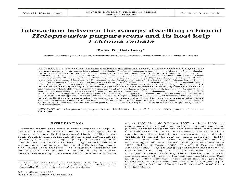 Interaction Between the Canopy Dwelling Echinoid Holopneustes Purpurescens and Its Host Kelp Ecklonia Radia Ta