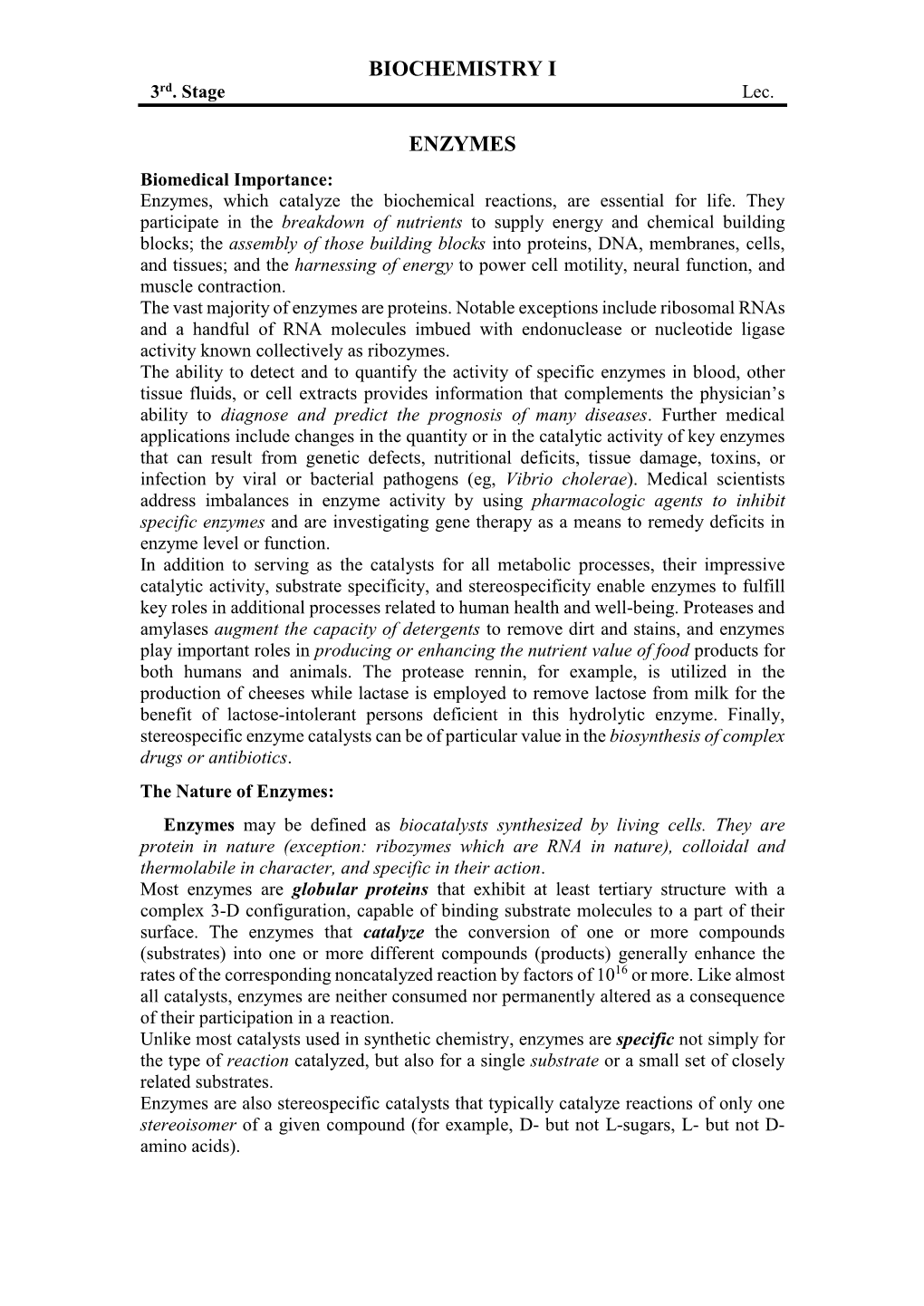 Biochemistry I Enzymes