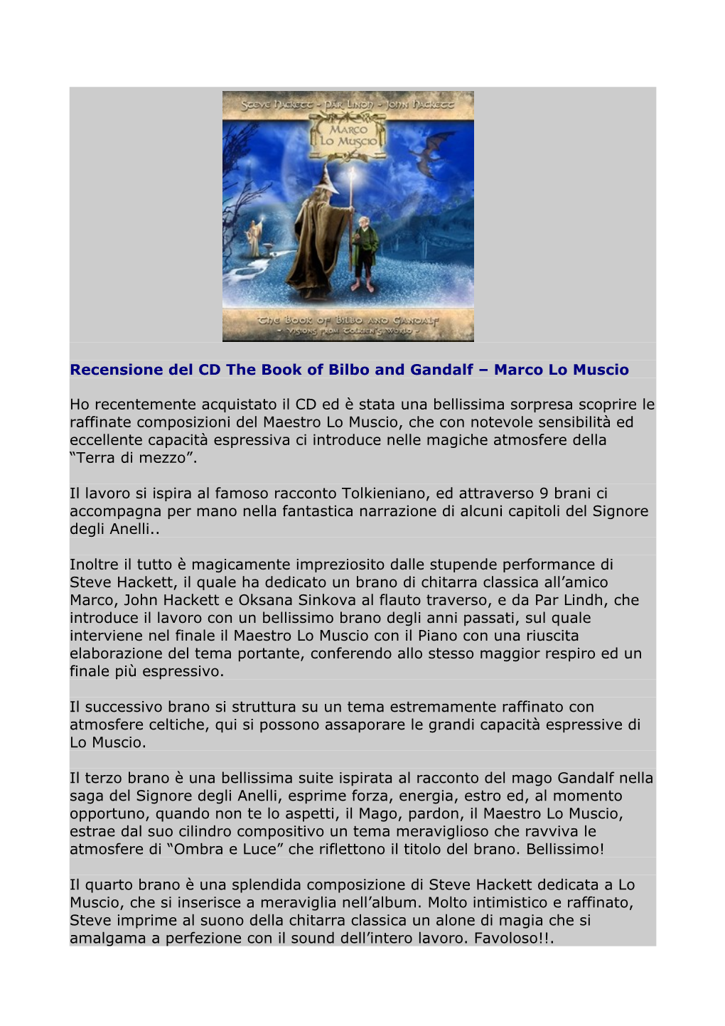 Recensione Del CD the Book of Bilbo and Gandalf – Marco Lo Muscio Ho