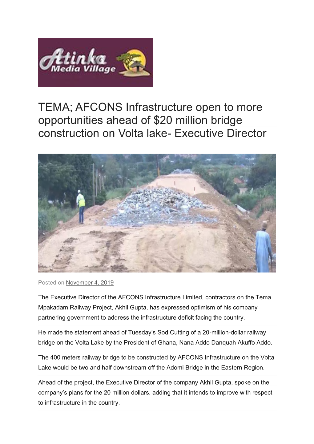 TEMA; AFCONS Infrastructure Open to More Opportunities Ahead of $20 Million Bridge Construction on Volta Lake- Executive Director